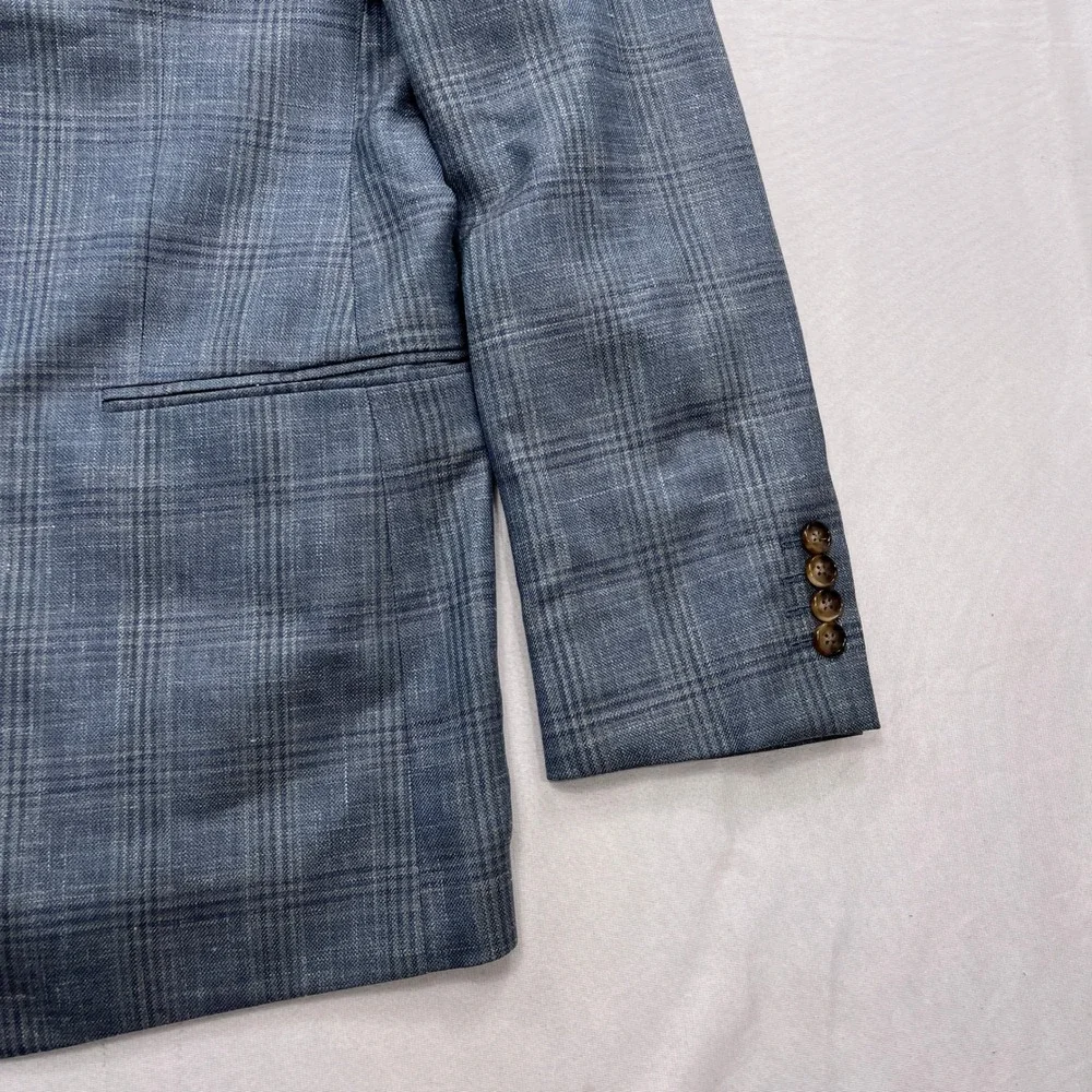 Ralph Lauren Sport Coat Wool Silk Linen Plaid Blue Mens 42L
